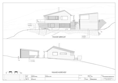 Fasadetegning som viser bygningens utseende fra to vinkler (søraust og nordvest) med høydemål og terrengforhold.
