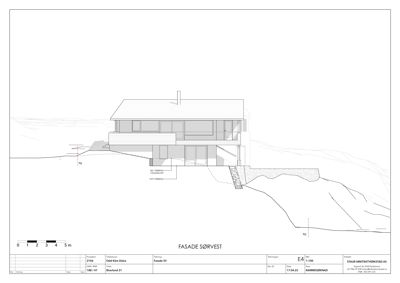 Fasadetegning som viser bygningens utseende fra sørvest, inkludert takform, vinduer og trapp.