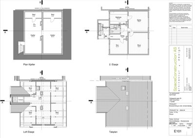 Bildet viser en samling av etasjeplaner for en bygning, inkludert kjeller, 2. etasje, loftsetasje og takplan, med romnavn og arealangivelser.