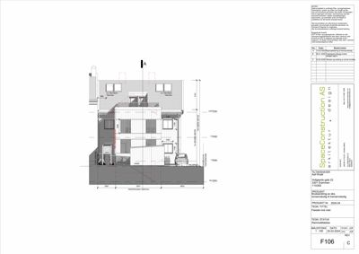 Fasadetegning som viser bygningens utseende sett fra siden med mål og detaljer.