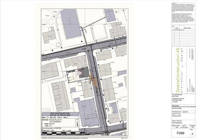 Situasjonskart som viser tomt, bygninger og veier i et byområde.