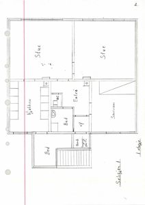 Etasjeplan med romfordeling og håndskrevne romnavn som 'Stue', 'Kjøkken', 'Bad', 'Entré', 'Soverom', 'Bod' og 'vf'.
