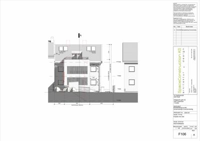 Fasadetegning med mål og detaljer for en bygning