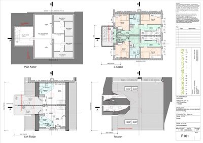 Bildet viser et sett med etasjeplaner for en bygning, inkludert kjeller, 2. etasje, loftsetasje og takplan, med romfordeling og mål.