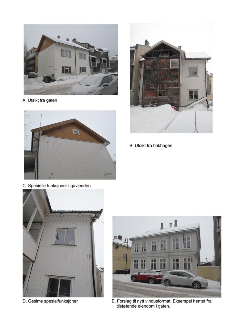 En samling av fem fotografier av en bygning og dens omgivelser, inkludert utsikter fra gate og bakgård, detaljer av fasaden, og et forslag til vindusform.