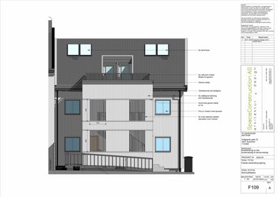 Fasadetegning med oppriss av bygning sett fra siden, med detaljer om materialer og konstruksjon.