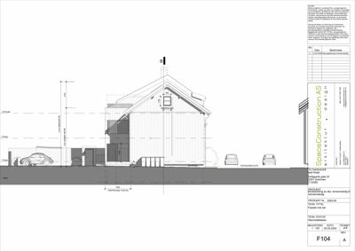 Fasadetegning som viser bygningens utseende sett fra siden, med mål og detaljer.