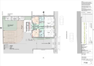 Etasjeplan med romfordeling, parkeringsplasser og teknisk informasjon.