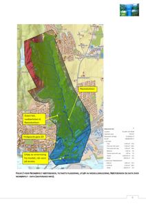 Kart over nedbørfeltet Nøstebekken med hydrologiske data og tilhørende tekstbeskrivelse.