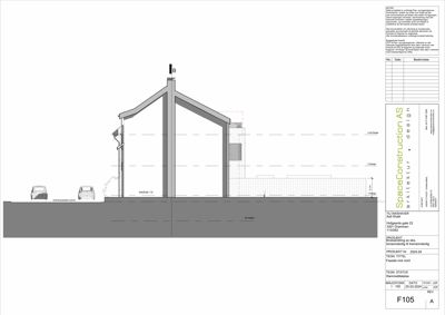 Snittegning som viser tverrsnittet av en bygning med takform, vinduer og grunnplan.
