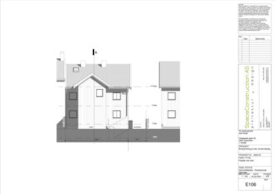 Fasadetegning av en bolig sett fra vest, med oppriss av tak og fasadeelementer.