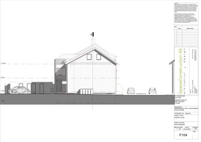 Fasadetegning som viser bygningens utseende fra fronten, inkludert takform, vinduer og inngang.