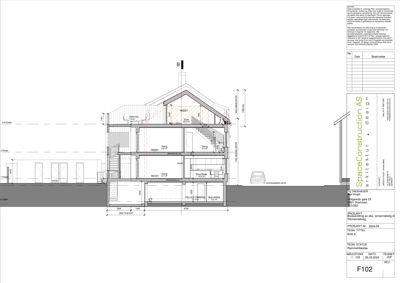 Snittegning som viser tverrsnittet av en bygning med romfordeling og høyder.