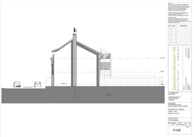 Fasadetegning som viser bygningens utseende sett fra siden, inkludert takform, vinduer og tilhørende elementer.