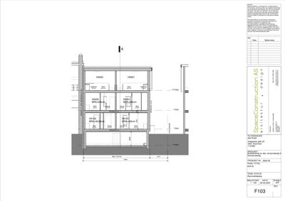 Snittegning som viser bygningens tverrsnitt med etasjer og romfordeling