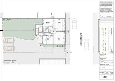 Etasjeplan med romfordeling, mål og areal for en eksisterende bolig.