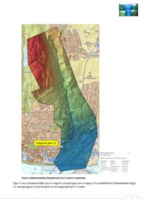 Kart som viser et geografisk område med overlagte data, inkludert en markert bygningsplassering (Hofgaards gate 23) og en terrengmodell.