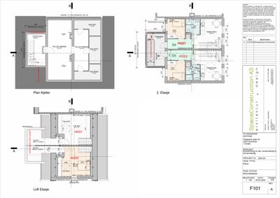 Bildet viser etasjeplaner for en bygning, inkludert 'Plan Kjeller', '2. Etasje' og 'Loft Etasje', med romfordeling og mål.