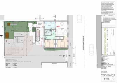 Etasjeplan (1. etasje) med romfordeling, mål og bygningsplassering.