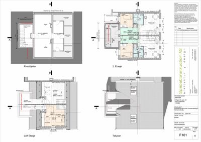 Bildet viser et sett med etasjeplaner for en bygning, inkludert 'Plan Kjøller', '2. Etasje', 'Loft Etasje' og 'Takplan'.