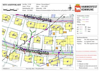 Situasjonskart som viser eiendomsforhold, gater (Melandsgata, Rossmolgata), vann- og avløpsledninger samt eiendomsgrenser i Hammerfest kommune.