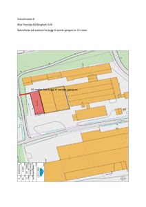 Situasjonsplan som viser tomt, vei og nabobygg med angitt avstand (15 meter) fra et nytt bygg til senter gangvei.