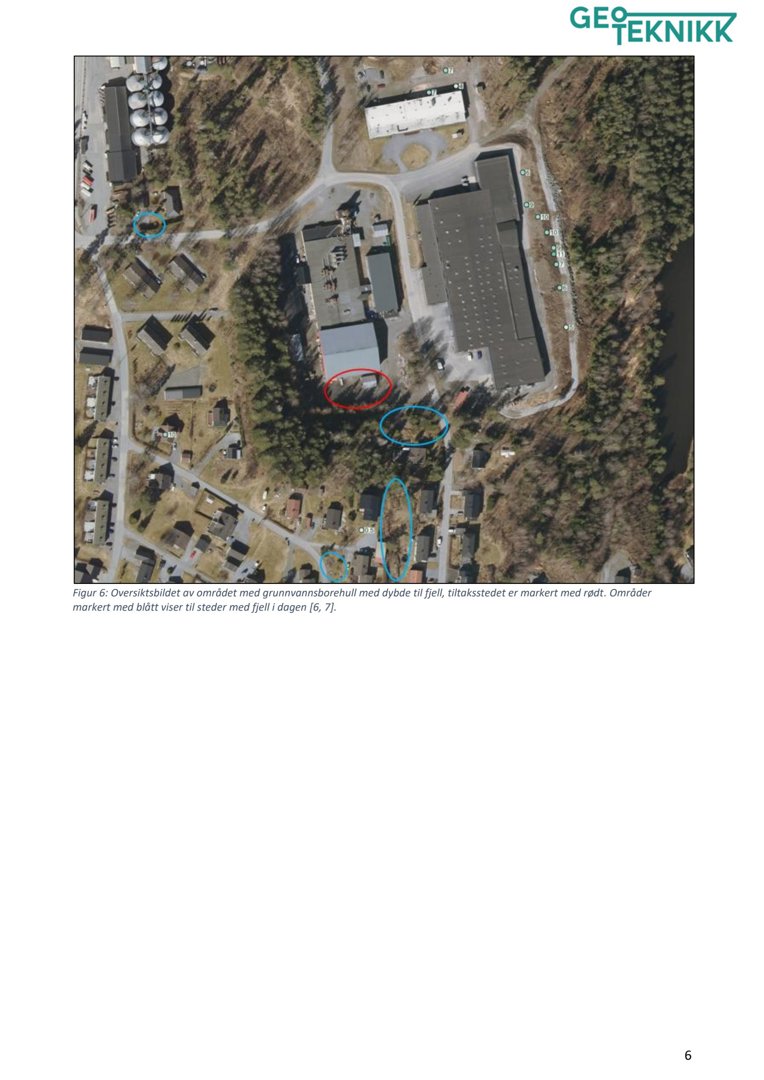 Oversiktsfoto (flyfoto) av et byggeområde med markerte områder for grunnvannsborehull og fjell.