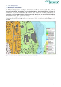Et kvartærgeologisk kart som viser løsmasser og marin grense på et område med en bygning markert med rød sirkel.