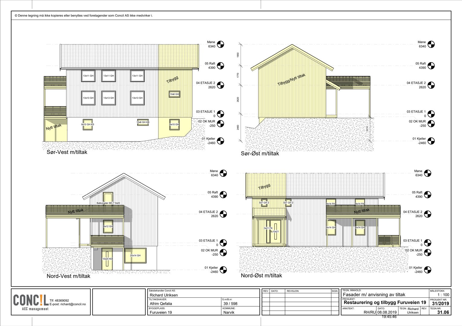 Fasadetegning som viser utsiden av en bygning med tiltak for restaurering og tilbygg, inkludert detaljer om vinduer, dører og materialer.