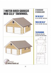 Markedsføringsmateriale som viser 3D-visualiseringer av en garasje med tilhørende tekniske oppriss.