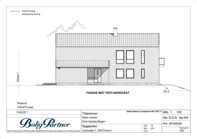 Fasadetegning (opprikk) av en bygning sett fra vest-nordvest.