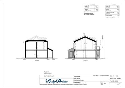 Snittegning (Snitt A-A og Snitt B-B) som viser bygningens tverrsnitt, høyder og romfordeling.
