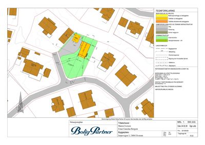 Situasjonsplan som viser tomt, bygninger, veier og grønnstruktur med tegnforklaring.