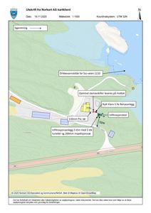 Situasjonsplan (kart) som viser tomtens topografi, vannkilder, eksisterende infrastruktur og planlagt plassering av renseanlegg og infiltrasjonstest.