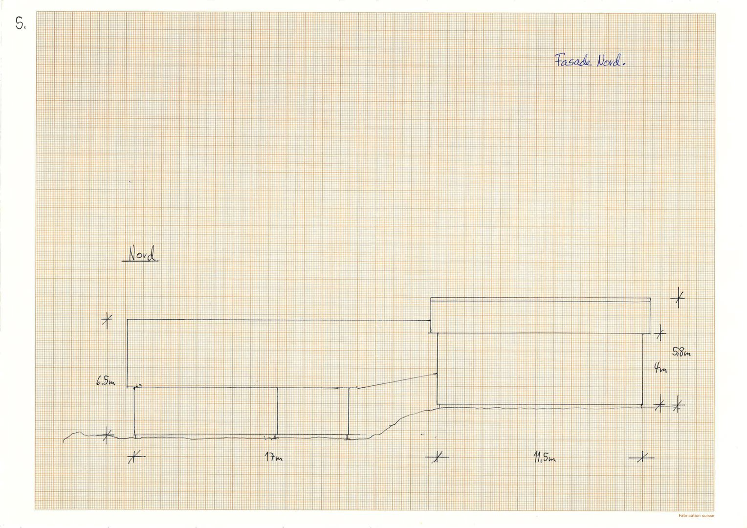 En håndtegnet fasadeopprikk (Nord) med mål og høyder.