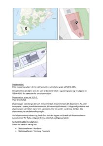 Bildet viser en situasjonsplan med tre kartutsnitt (lokasjon, tomt og bygning) samt tekst om dispensasjon.