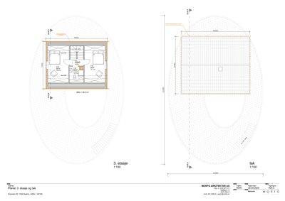 Bildet viser et etasjeplan (3. etasje) og et takplan med romfordeling, mål og stuer.