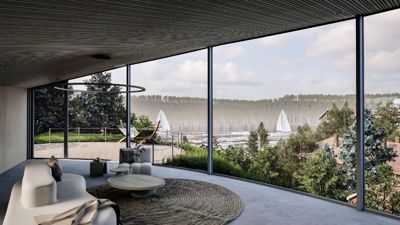 3D-visualisering av et moderne interiør med store vinduer og utsikt over en havn.