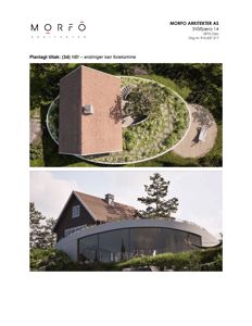 Bildet viser to 3D-visualiseringer av et planlagt hus, inkludert et luftfoto og et fasadebilde.