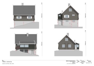 Fasadetegning som viser fire utsynsvinkler av en eksisterende bygning (vest, øst, sør, nord) med mål og detaljer.