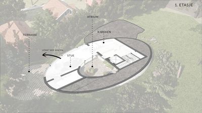 Etasjeplan for 1. etasje med romfordeling (stue, kjøkken, atrium) og utvendig terrasse.
