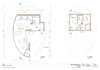 Plantegning som viser romfordeling og dimensjoner for 1. og 2. etasje.
