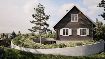 3D-visualisering av en moderne hytte med mørk fasade og et grønt tak, sett fra utsiden.