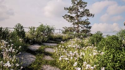 3D-visualisering av en utendørs sti med steiner, planter og trær.