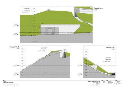 Fasadetegning som viser bygningens utseende fra tre sider (Nord, Vest og Øst) med terrengforhold.