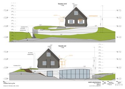 Bildet viser fasadetekninger (oppriis) av en bygning sett fra nord og sør, inkludert høydeangivelser og terrengforhold.