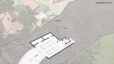 Etasjeplan for underetasjen som viser en garasje med plass til to biler og en heis.