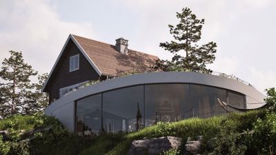 3D-visualisering av en moderne, kurvet bygning integrert i et grønt, kupert landskap.