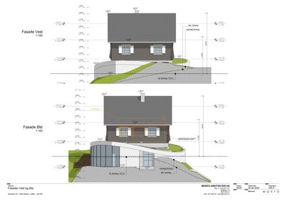 Tegning som viser fasadeoppsett for bygningens vest- og østside med høydeangivelser.