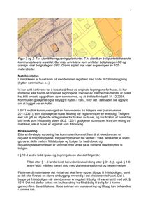 Bildet viser en side fra et kommunalt dokument (sannsynligvis en byggesak eller matrikkelbeskrivelse). Øverst er det en liten kartutsnitt som viser reguleringsplan og boligkart med fargekodete områder (GB, GBS) og 100-metersbeltet. Resten av siden inneholder tekst om matrikkestatus, bruksendring og lovbestemmelser.